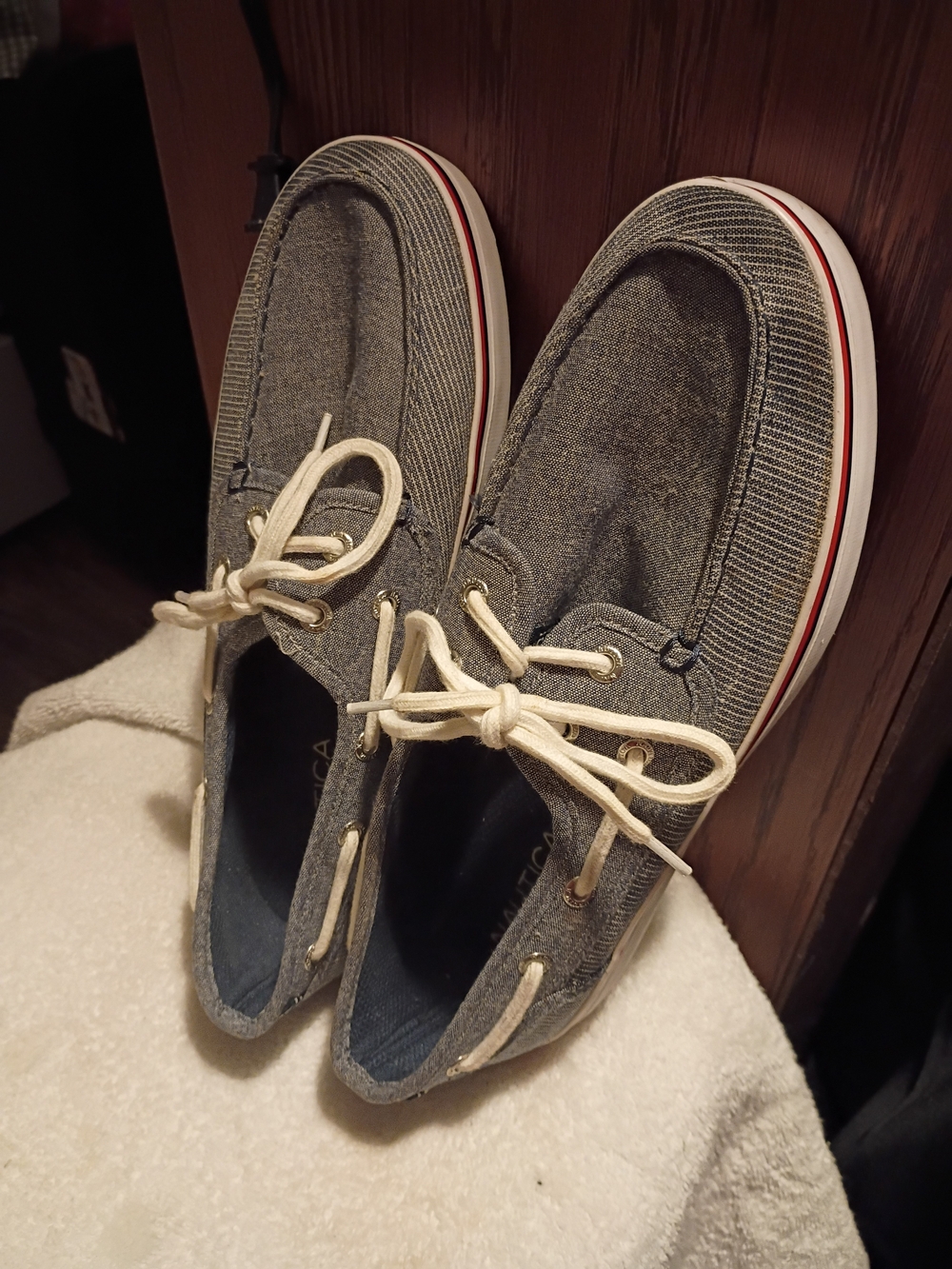 Nautica Gray Canvas Slip-On Boat Shoes with Cream Laces and Red Accent